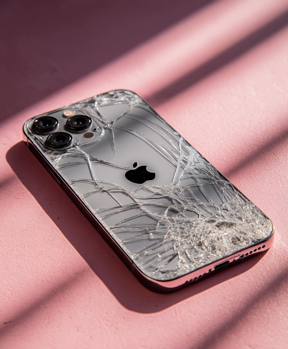 An image of an iPhone with a broken back glass