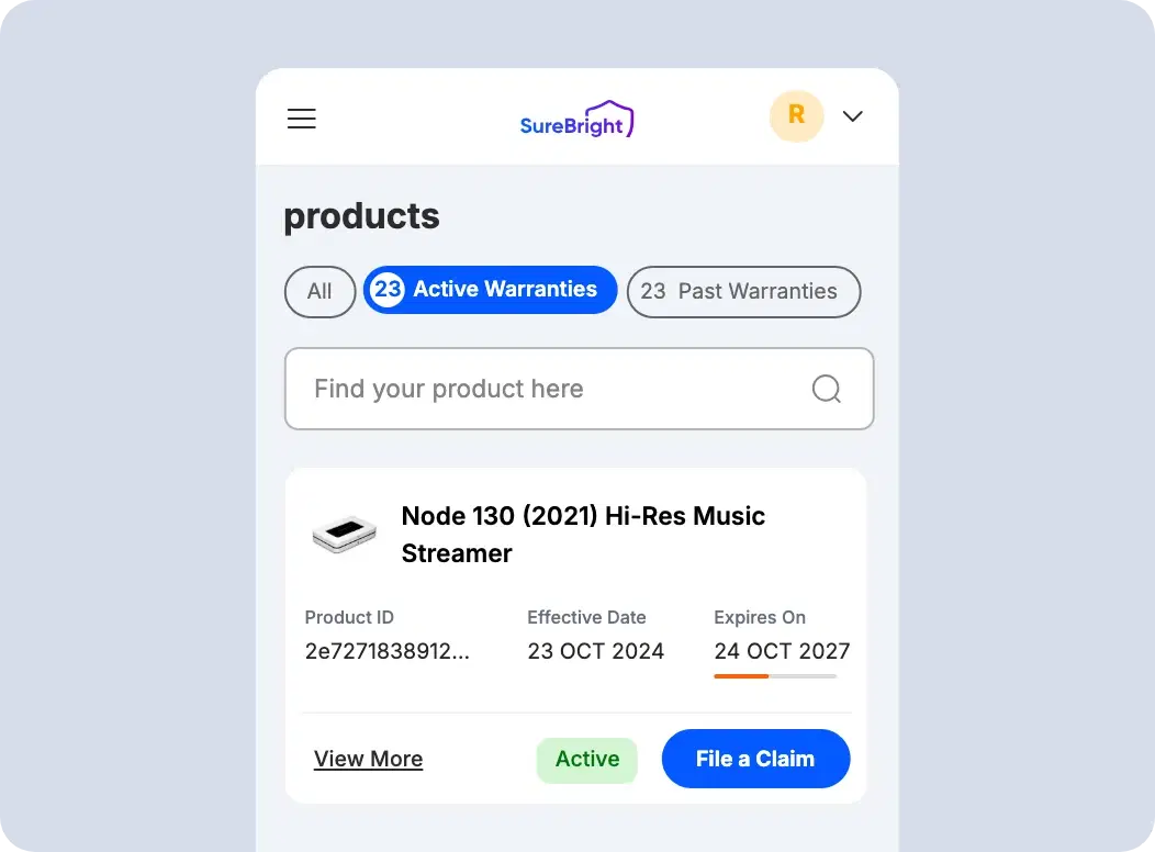 SureBright customer portal on a phone listing an active warranty with a File a Claim button