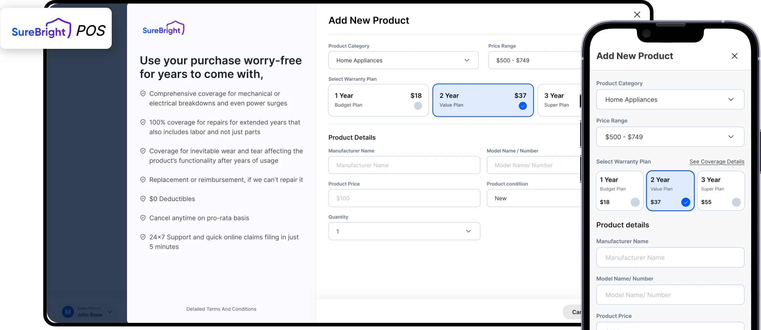SureBright POS on a tablet and a phone: adding a 2 year warranty plan to a home appliance at the register
