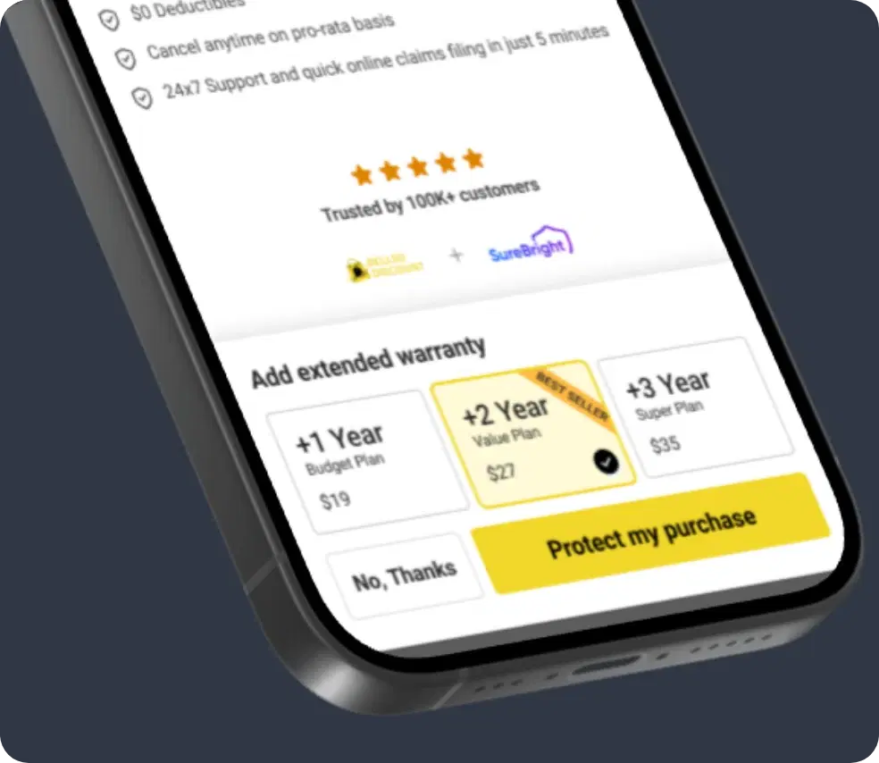 Phone showing a product page with SureBright's extended warranty plans and a Protect my purchase button
