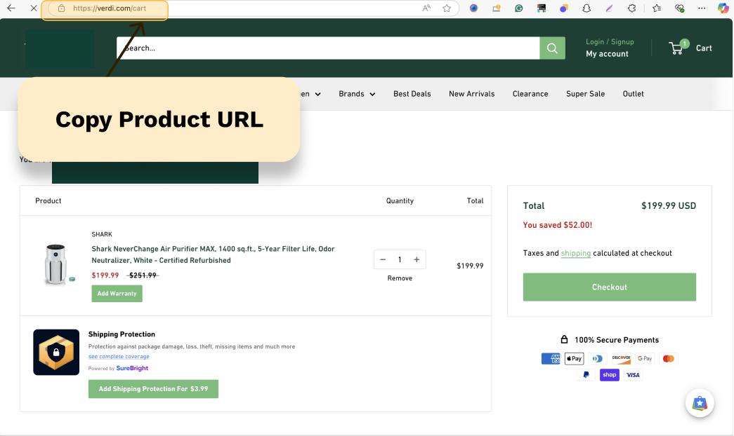Merchant cart page with SureBright shipping protection added