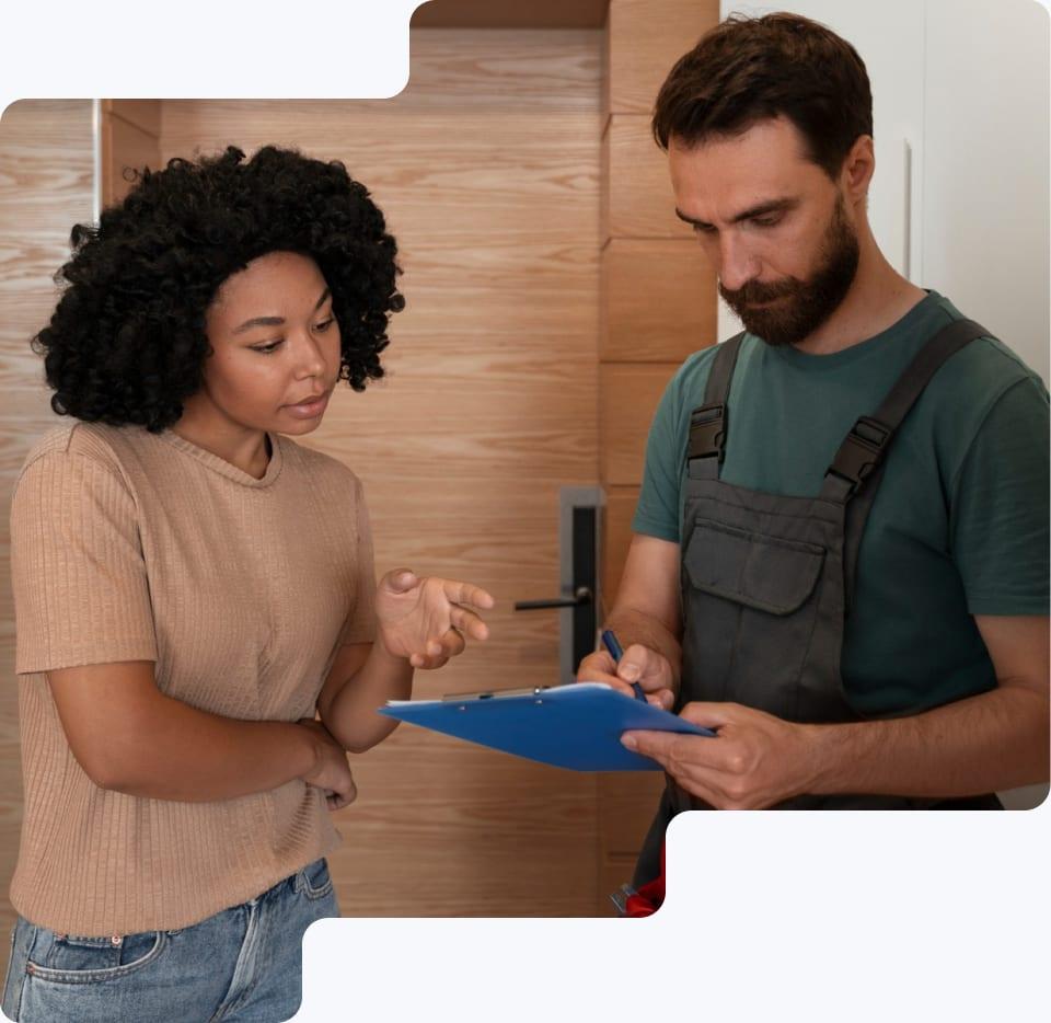 Technician going over paperwork with a homeowner