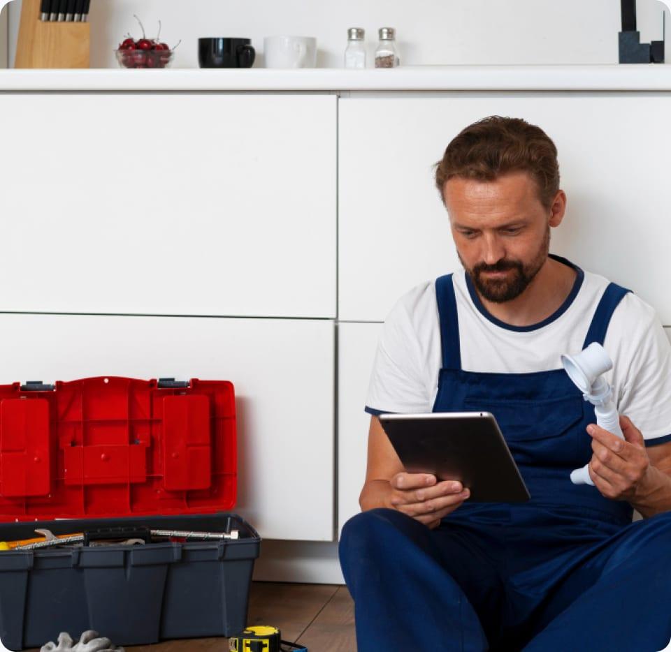 Technician checking a tablet next to his toolbox