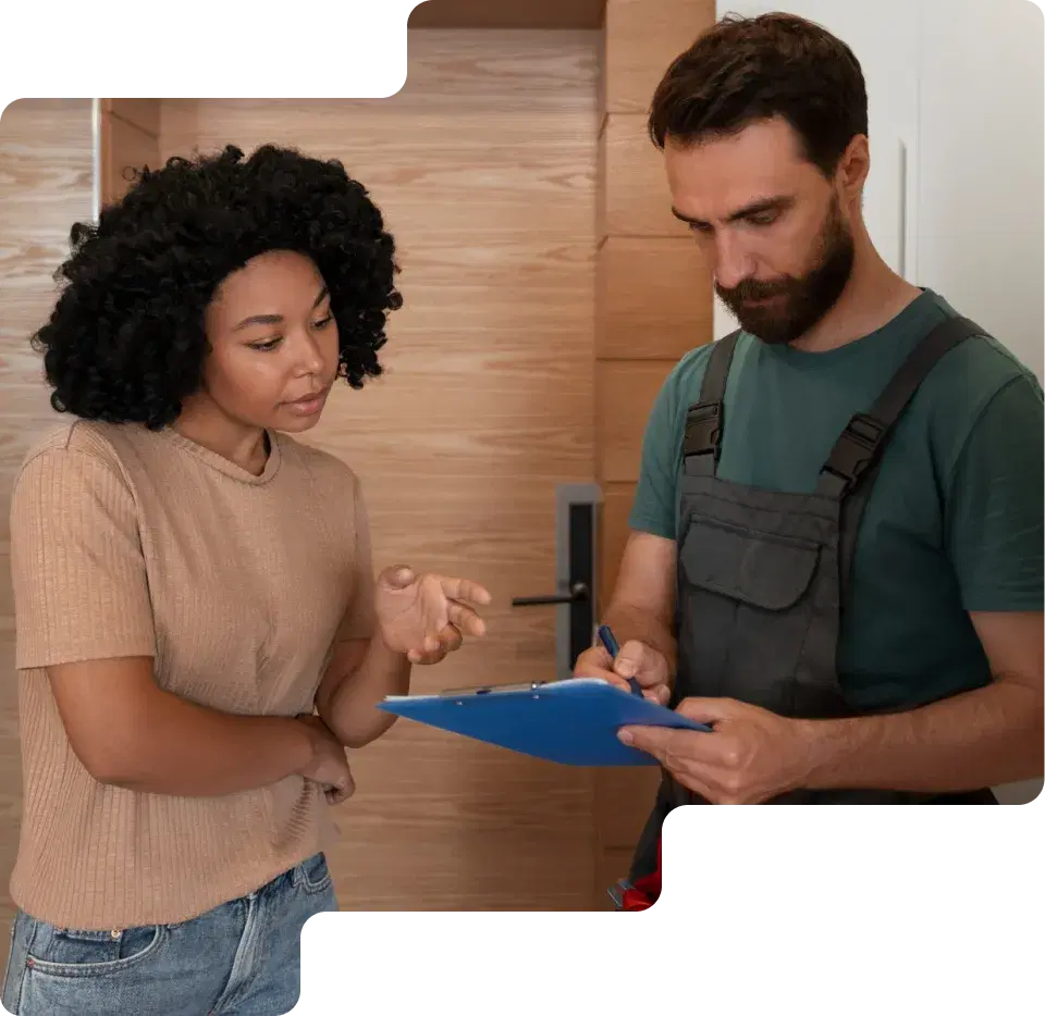 Homeowner going over an installation with a technician holding a clipboard