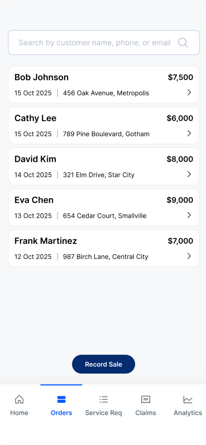 SureBright portal app listing customer orders with a Record Sale button